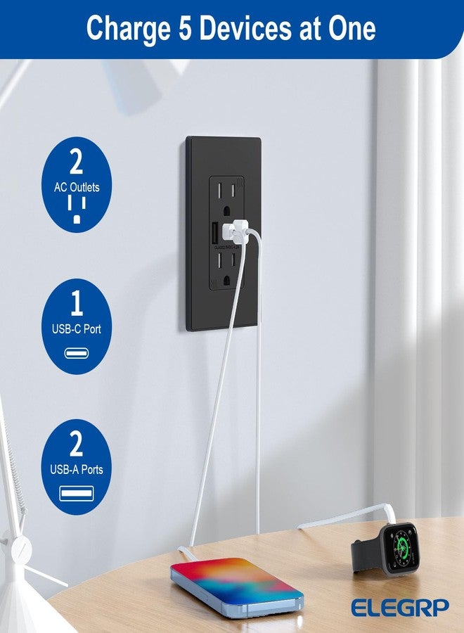 ELEGRP USB Wall Outlets, 3-Ports Type C Wall Outlets Receptacles, Matte Black 15 Amp Outlets with 3 Ports, TR Tamper-Resistant Outlets, Screwless Wall Plate Included, UL & CUL Listed, 2 Pack - Image 2