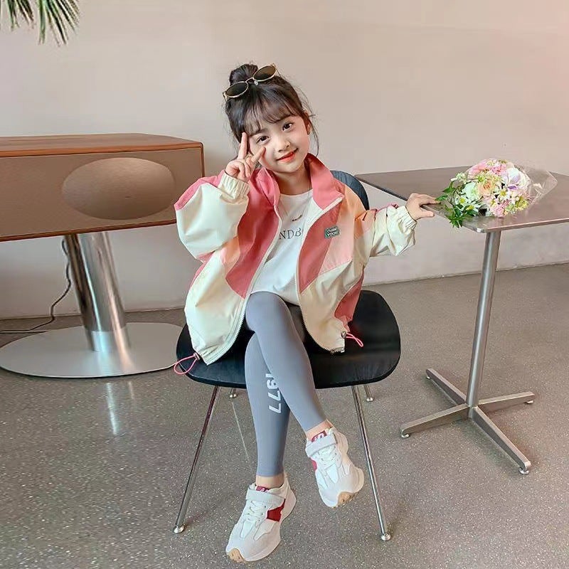 Girls Coat Spring and Autumn 2024 New Sports Girls Spring Western-style Top Baby Girls Outer Wear Thin Rustic Clothes yoou Colorblock Coat 