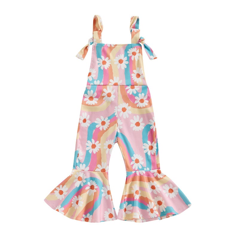 Lucikamy Toddler Baby Girl Bell Bottoms Romper Floral/Butterfly Overalls Suspender Flare Pants One Piece Strap Jumpsuit (A-Colorful, 2-3 Years) - Image 1