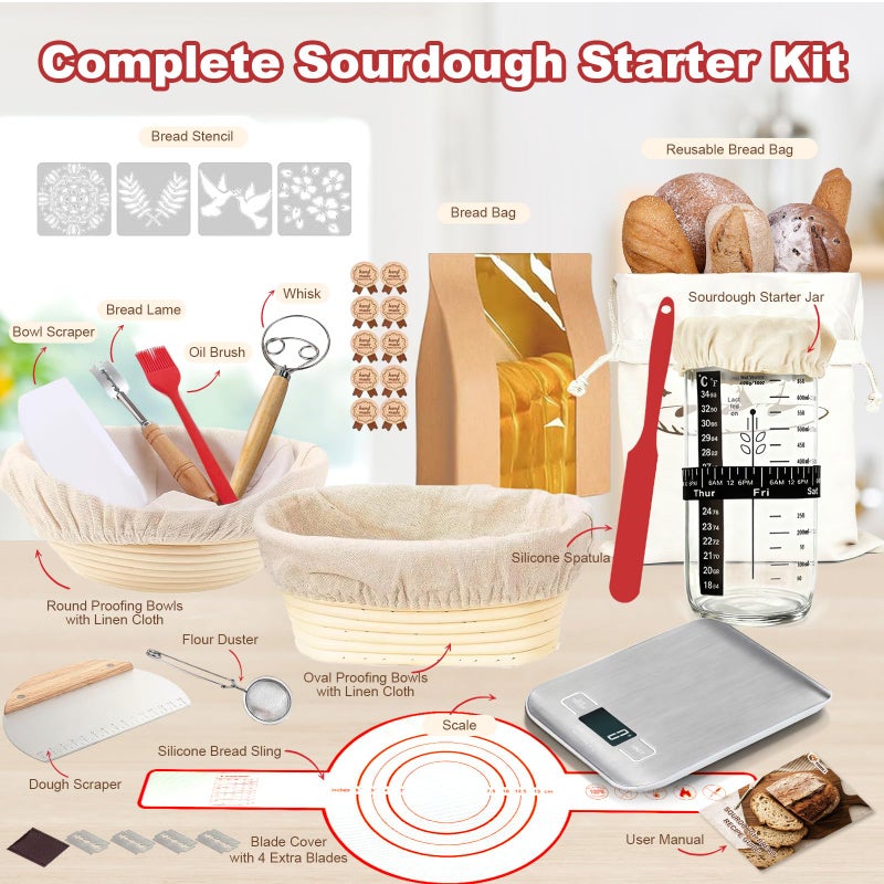 YONILL Sourdough Starter Kit with Scale, Glass Jar and Banneton Bread Proofing Basket - Complete Sourdough Bread Baking Supplies, Sour Dough Making Essentials Tools, Gift for Bakers Beiginner Women Wife Mom - Image 2