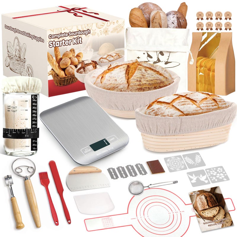 YONILL Sourdough Starter Kit with Scale, Glass Jar and Banneton Bread Proofing Basket - Complete Sourdough Bread Baking Supplies, Sour Dough Making Essentials Tools, Gift for Bakers Beiginner Women Wife Mom - Image 1