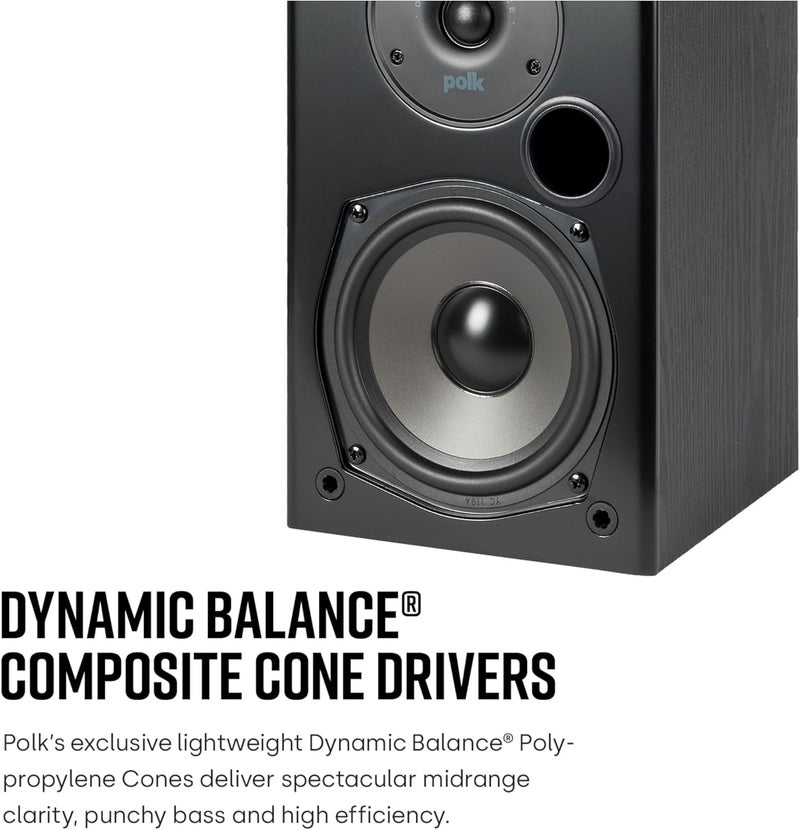 Polk Audio T15 Bookshelf Speakers, Speaker System for Home Cinema Sound System, 0.75'' Tweeter & 5.25 Dynamic Balance Driver, Wall Mountable, Dolby & DTS - Black, wired - Image 2