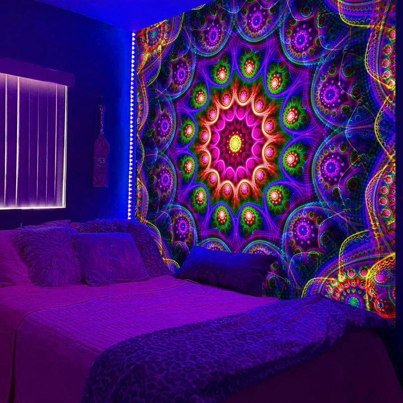 PSYHILAR Blacklight Trippy Mandala Tapestry Boho Black Light Posters for Adults UV Reactive Room Decor for Bedroom Wall 60 x 50 Inches