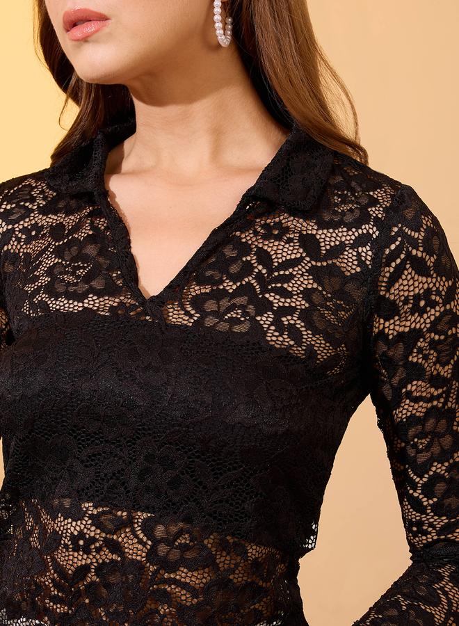 Globus Black Open Collar Floral Lace Top - Image 4