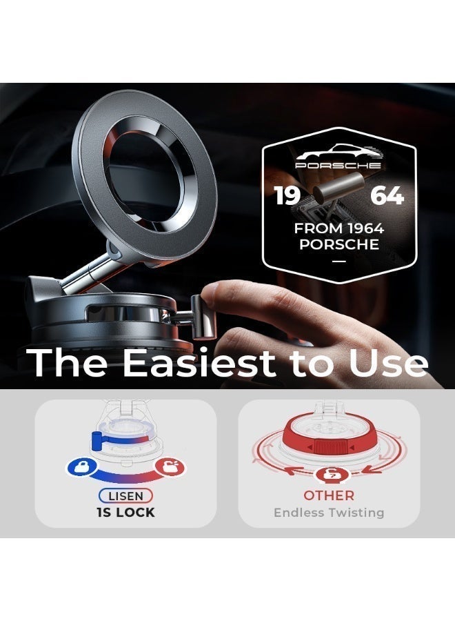 ليسن حامل هاتف السيارة MagSafe من LISEN، حامل مغناطيسي للسيارة مزود بكوب شفط قوي، دوران 360 درجة، ذراع معدني قابل للطي، حامل هاتف للوحة القيادة والزجاج الأمامي، متوافق مع سلسلة iPhone 17/16/15، وSamsung Galaxy S26 Ultra، أسود - Image 4