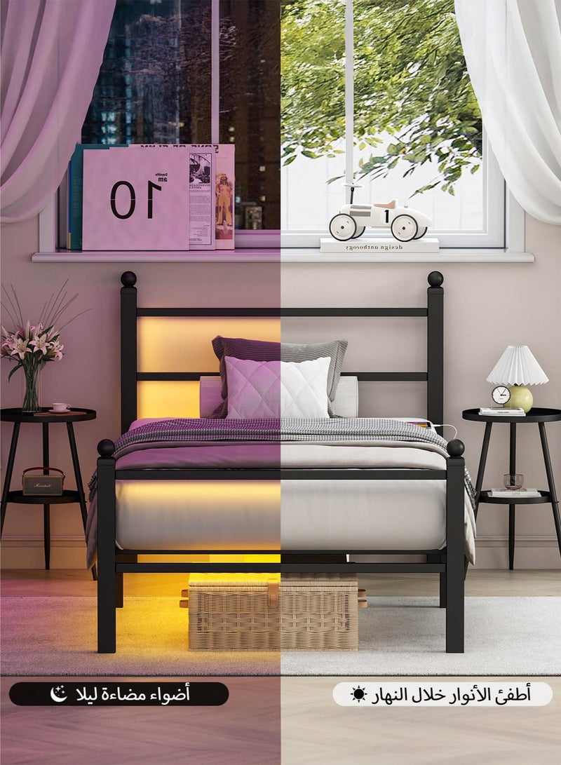يانارا هيكل سرير معدني أسود مقاس 90 سم (مفرد) مع لوح رأسي ولوح سفلي، مزود بإضاءة RGB LED ومنفذ شحن USB، مساحة تخزين تحت السرير، لا يحتاج إلى قاعدة زنبركية، مناسب لغرف النوم، سهل التركيب - Image 5