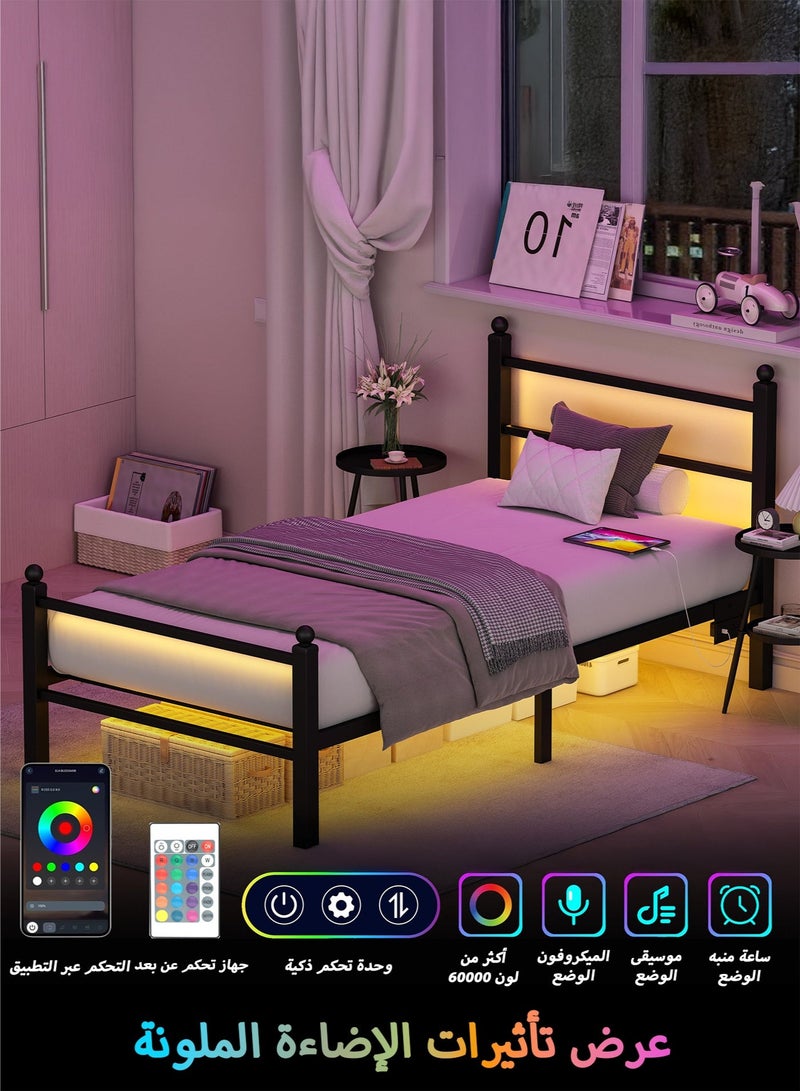 يانارا هيكل سرير معدني أسود مقاس 90 سم (مفرد) مع لوح رأسي ولوح سفلي، مزود بإضاءة RGB LED ومنفذ شحن USB، مساحة تخزين تحت السرير، لا يحتاج إلى قاعدة زنبركية، مناسب لغرف النوم، سهل التركيب - Image 4