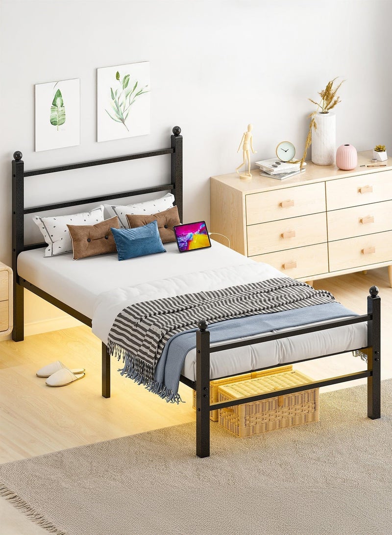 يانارا هيكل سرير معدني أسود مقاس 90 سم (مفرد) مع لوح رأسي ولوح سفلي، مزود بإضاءة RGB LED ومنفذ شحن USB، مساحة تخزين تحت السرير، لا يحتاج إلى قاعدة زنبركية، مناسب لغرف النوم، سهل التركيب - Image 2