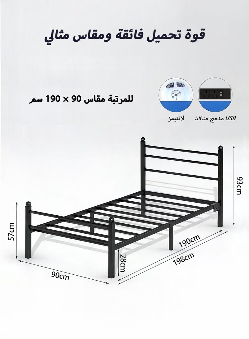 يانارا هيكل سرير معدني أسود مقاس 90 سم (مفرد) مع لوح رأسي ولوح سفلي، مزود بإضاءة RGB LED ومنفذ شحن USB، مساحة تخزين تحت السرير، لا يحتاج إلى قاعدة زنبركية، مناسب لغرف النوم، سهل التركيب - Image 3