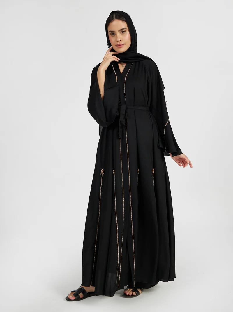 Reem Abayas Classic Black Abaya with Gold Beaded Piping & Tassel Details