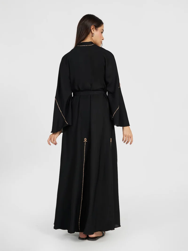 Reem Abayas  Classic Black Abaya with Gold Beaded Piping & Tassel Details for Women | Best Price UAE