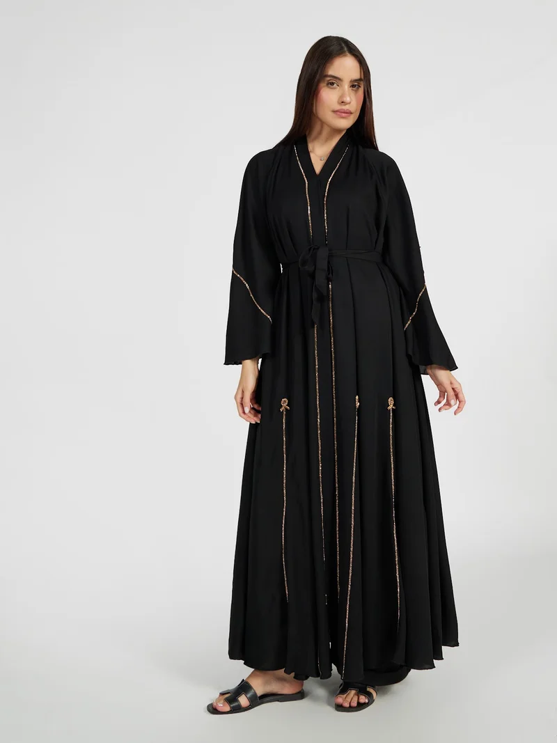 Reem Abayas Classic Black Abaya with Gold Beaded Piping & Tassel Details