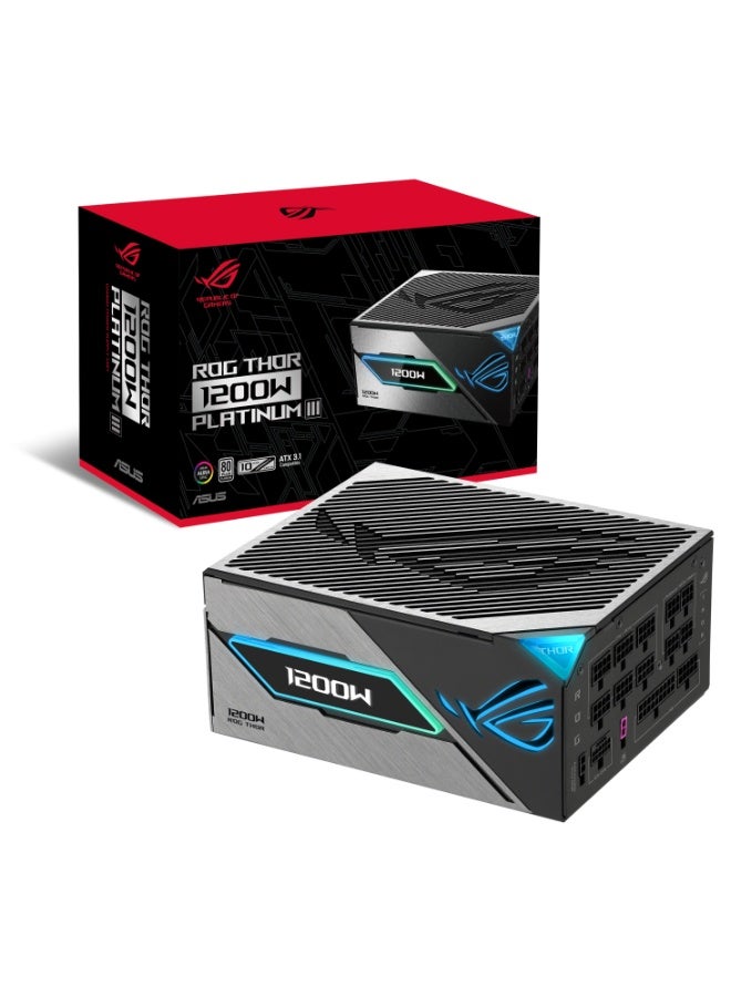 أسوس مزود طاقة الألعاب ROG Thor 1200W بلاتينيوم III، 1200 واط ATX 3.1 PSU، معتمد 80 PLUS بلاتينيوم و Cybenetics بلاتينيوم، كابل PCIe 5.0 16-Pin (600 واط)، تقنية GaN MOSFET، مثبت جهد ذكي GPU-First، شاشة OLED لعرض الطاقة، مروحة مزدوجة تحمل كرات 0 ديسيبل، كابلات مغلفة قابلة للتعديل بالكامل، إضاءة Aura Sync RGB، وضع التيربو | 90YE00V2-B0NA00 - Image 1