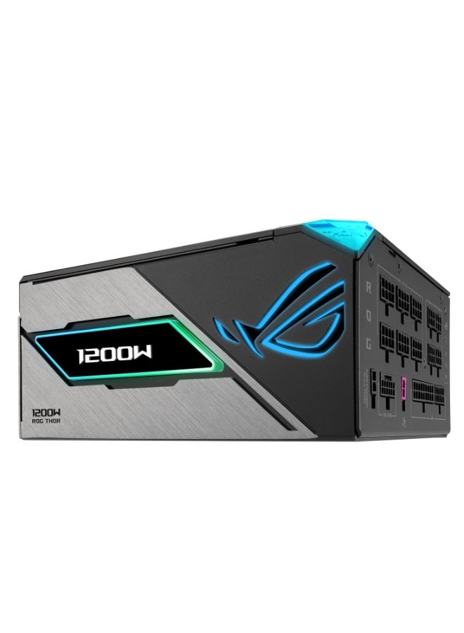أسوس مزود طاقة الألعاب ROG Thor 1200W بلاتينيوم III، 1200 واط ATX 3.1 PSU، معتمد 80 PLUS بلاتينيوم و Cybenetics بلاتينيوم، كابل PCIe 5.0 16-Pin (600 واط)، تقنية GaN MOSFET، مثبت جهد ذكي GPU-First، شاشة OLED لعرض الطاقة، مروحة مزدوجة تحمل كرات 0 ديسيبل، كابلات مغلفة قابلة للتعديل بالكامل، إضاءة Aura Sync RGB، وضع التيربو | 90YE00V2-B0NA00 - Image 5