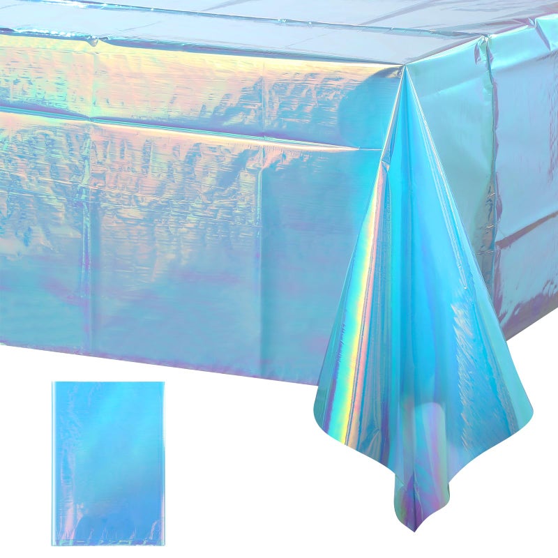 FunnyPars 1 Pack Iridescent Blue Plastic Tablecloth,Shiny Blue Disposable Laser Rectangle Table Covers,Blue Holographic Foil Tablecloth Party Decorations for Birthday,40x108'' - Image 1