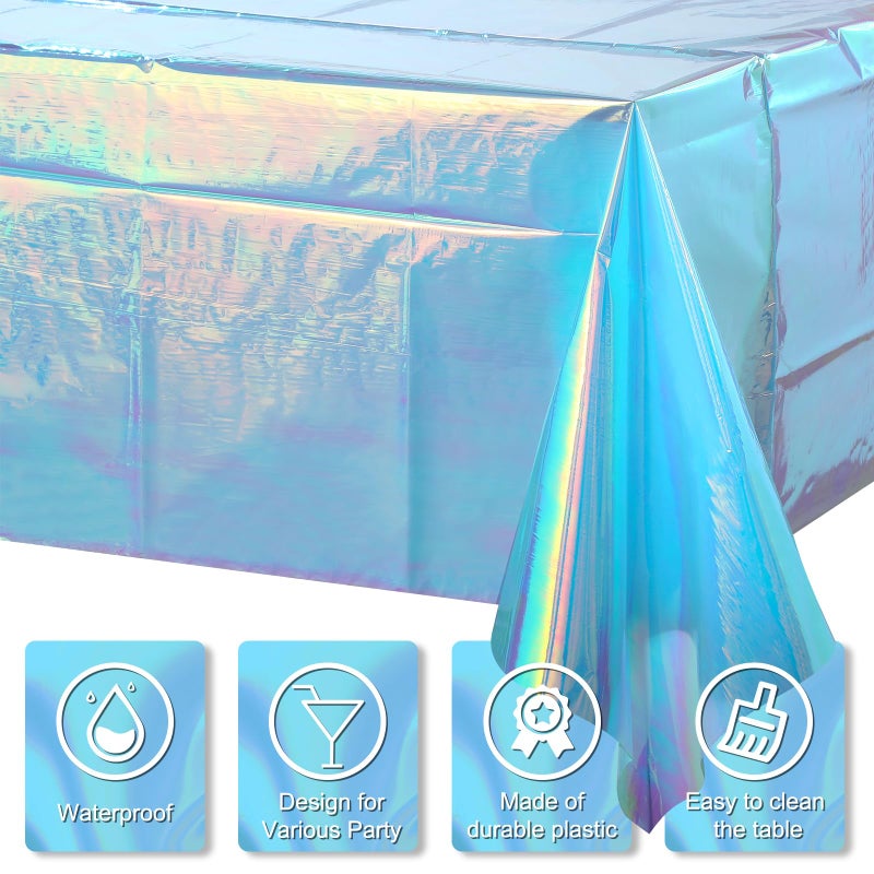 FunnyPars 1 Pack Iridescent Blue Plastic Tablecloth,Shiny Blue Disposable Laser Rectangle Table Covers,Blue Holographic Foil Tablecloth Party Decorations for Birthday,40x108'' - Image 3