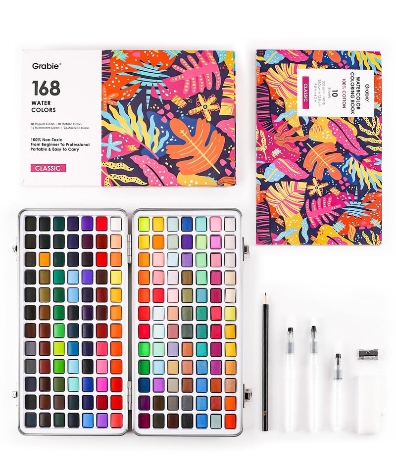 Grabie Watercolor Paint Set Watercolor Paints 168 Colors Painting Set of Coloring Book Water Brushes and Drawing Pencil Art Supplies Perfect Starter Kit for Watercolor Painting