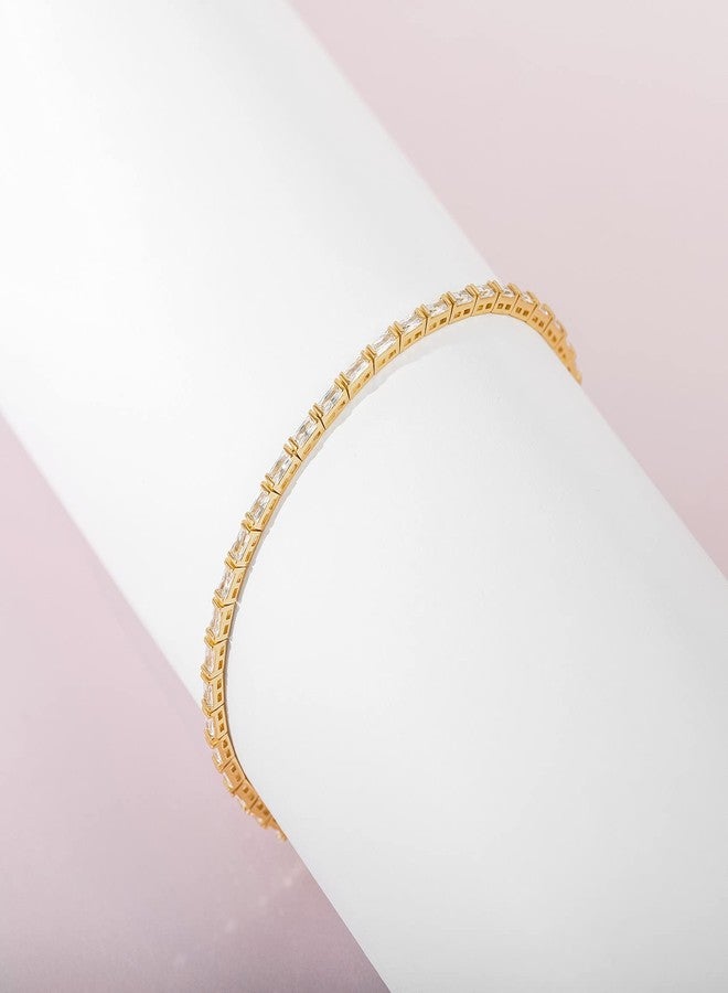 PAVOI 14K Yellow Gold Plated CZ Tennis Bracelet For Women | Classic Emerald Cut Simulated Diamond Bracelet | 6.5 Inches - Image 3