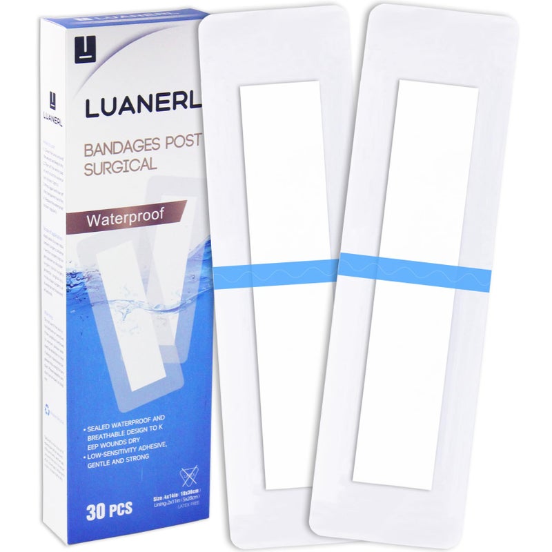 luanerl 30 Pack 4"x14" Waterproof Adhesive Island Dressing for Post-Surgery Recovery | Sterile Bordered Gauze Bandages with Non-Stick Pad for Knee/Hip Replacement, Surgical Incision Care & Shower Protection - Image 1