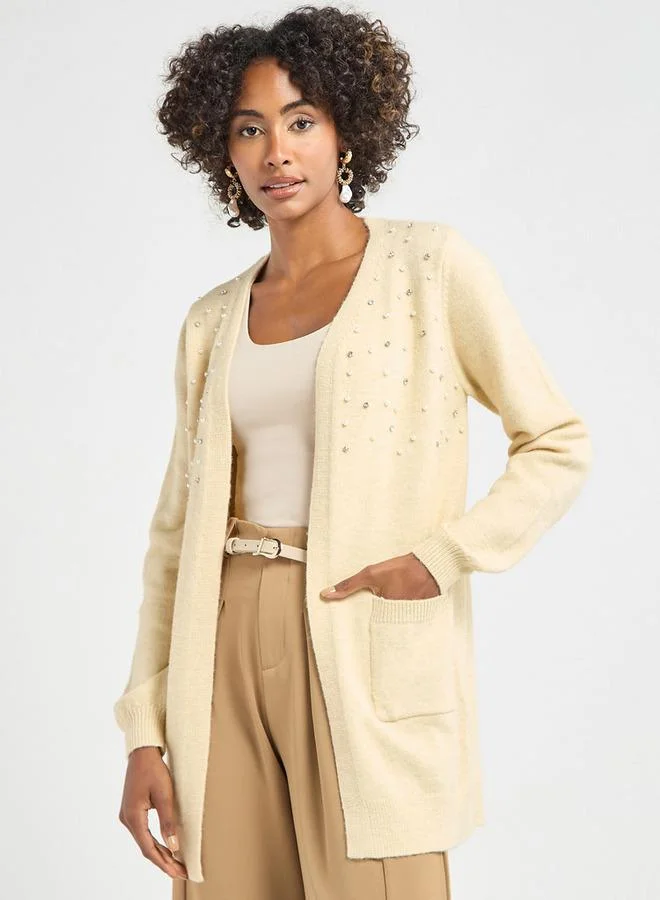 Splash FAV Embellished Open Front Cardigan with Long Sleeves and Pockets