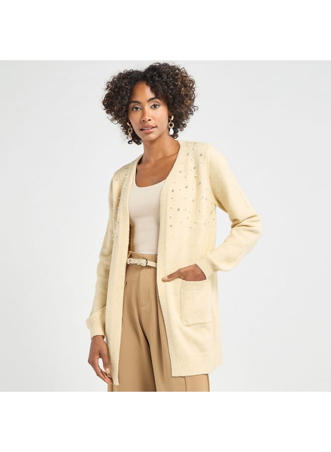 Splash FAV Embellished Open Front Cardigan with Long Sleeves and Pockets  - Image 1