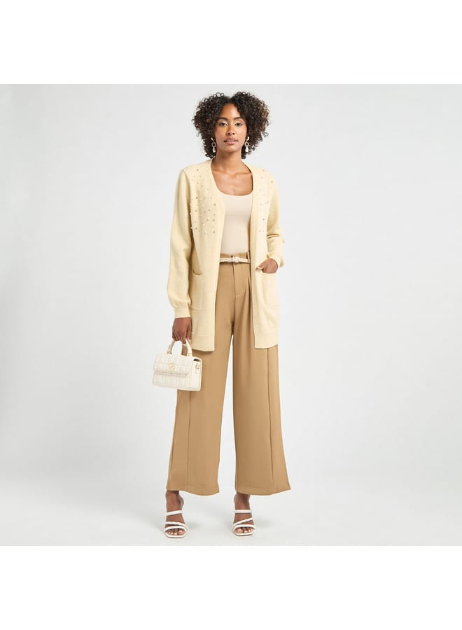 Splash FAV Embellished Open Front Cardigan with Long Sleeves and Pockets  - Image 2