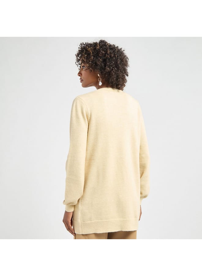 Splash FAV Embellished Open Front Cardigan with Long Sleeves and Pockets  - Image 3