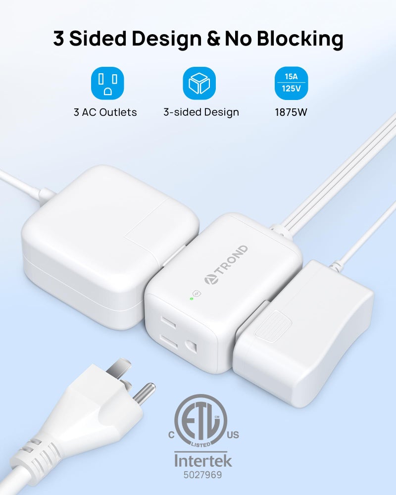 TROND 360Â° Rotating Flat Plug Outlet Extender Surge Protector with 6 Inch Cable, Small Rotatable Extension Cord, 900 Joules, 3 Way Plug, 15A, Compact for Indoor Home Office Travel Dorm Room, White - Image 3
