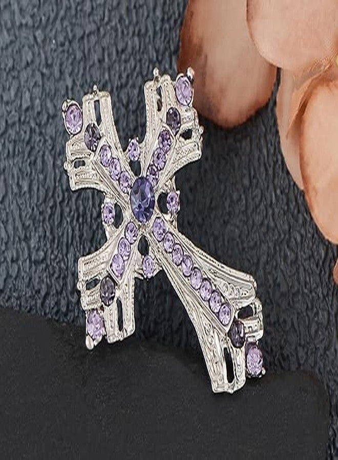 Axmerdal Cross brooches and pins for women Sparkling Aquamarine Clear Crystal Rhinestones Holy Cross Christian Religious Jewelry (Purple) - Image 2