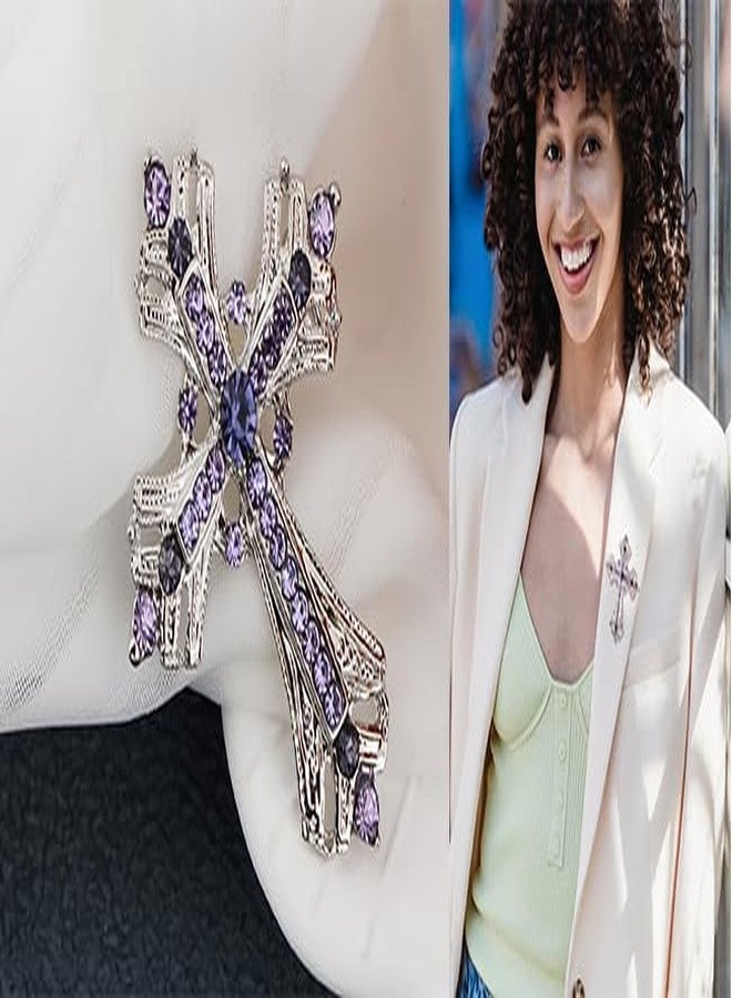Axmerdal Cross brooches and pins for women Sparkling Aquamarine Clear Crystal Rhinestones Holy Cross Christian Religious Jewelry (Purple) - Image 3
