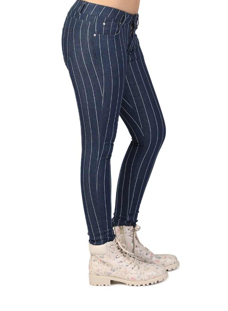 لندن راج بنطال جينز ضيق مخطط باللون الأزرق الداكن - Image 3