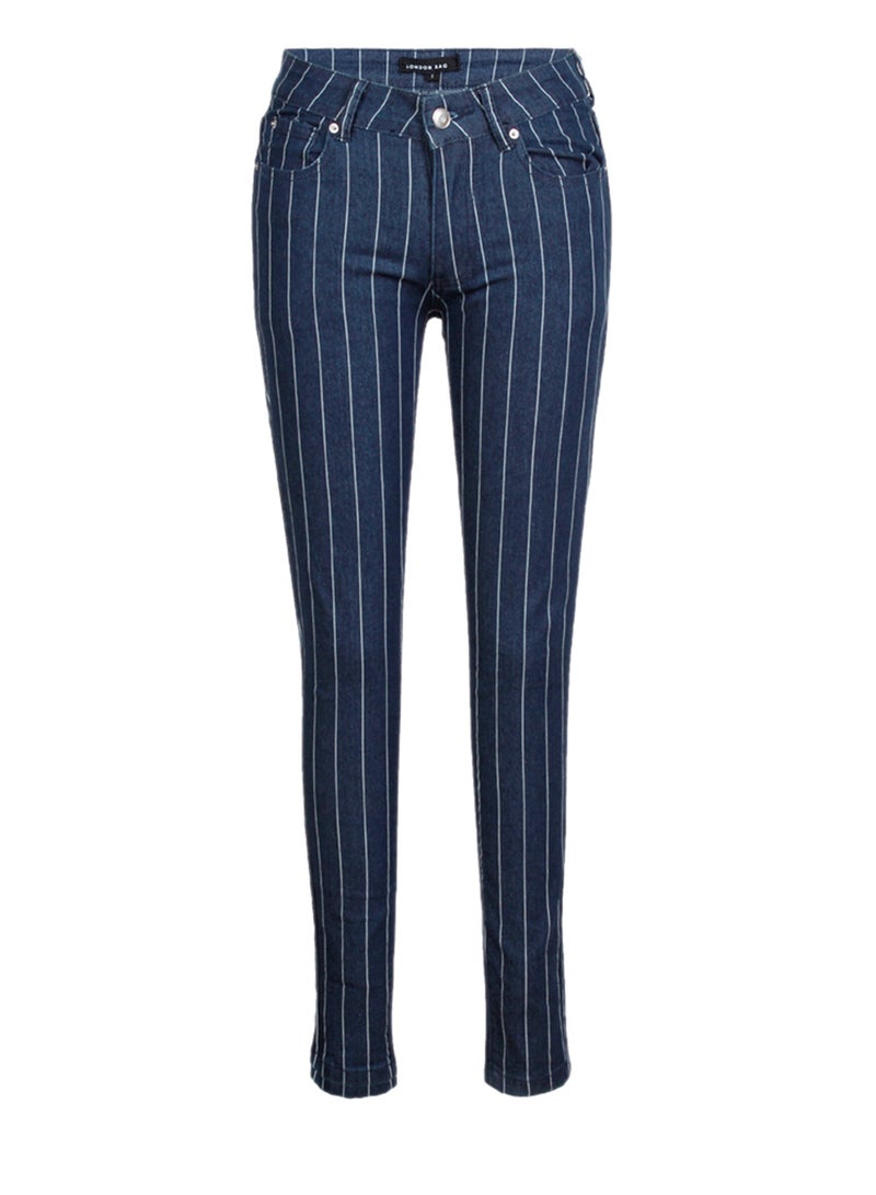 لندن راج بنطال جينز ضيق مخطط باللون الأزرق الداكن - Image 4