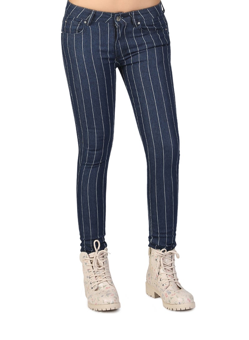 لندن راج بنطال جينز ضيق مخطط باللون الأزرق الداكن - Image 1