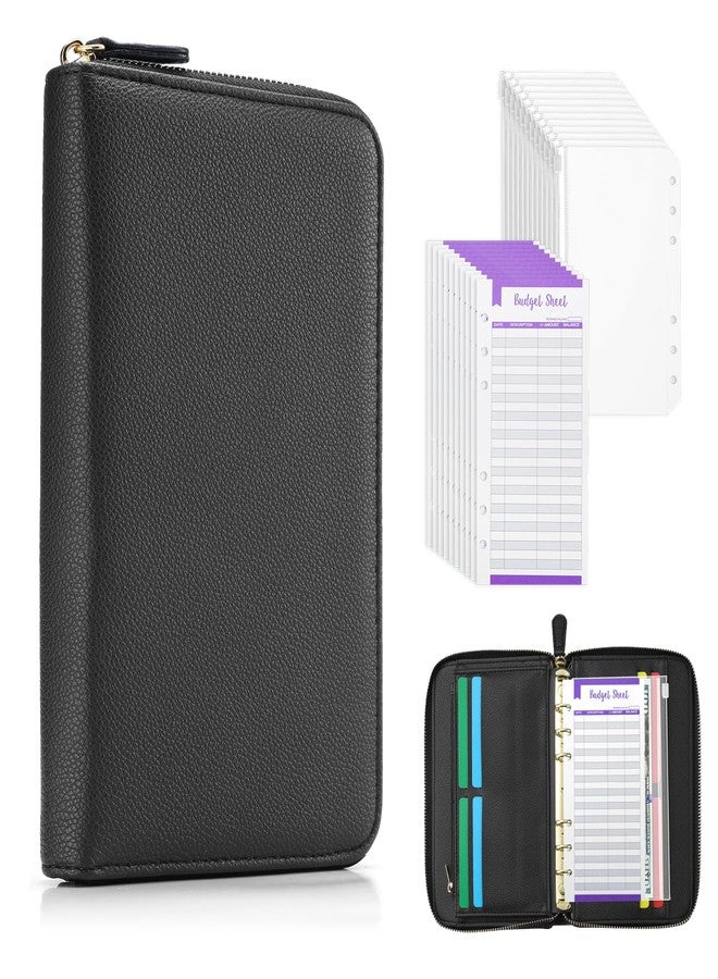 SEEKIND A6 Budget Binder, Money Saving Binder with Zipper Envelopes, PU Leather Wallet Budget Planner,Cash Envelopes and Expense Budget Sheets for Budgeting(Black) - Image 1