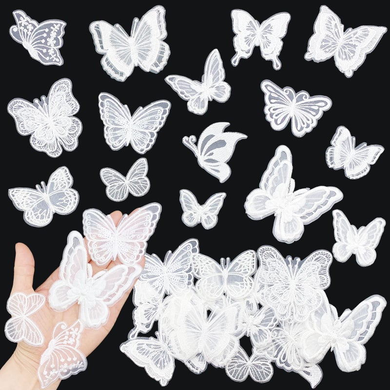 30Pieces Butterfly Lace Embroidered Appliques Sew On Patches for Wedding Bridal Dress Clothes Hair Accessories Sewing Craft DIY White