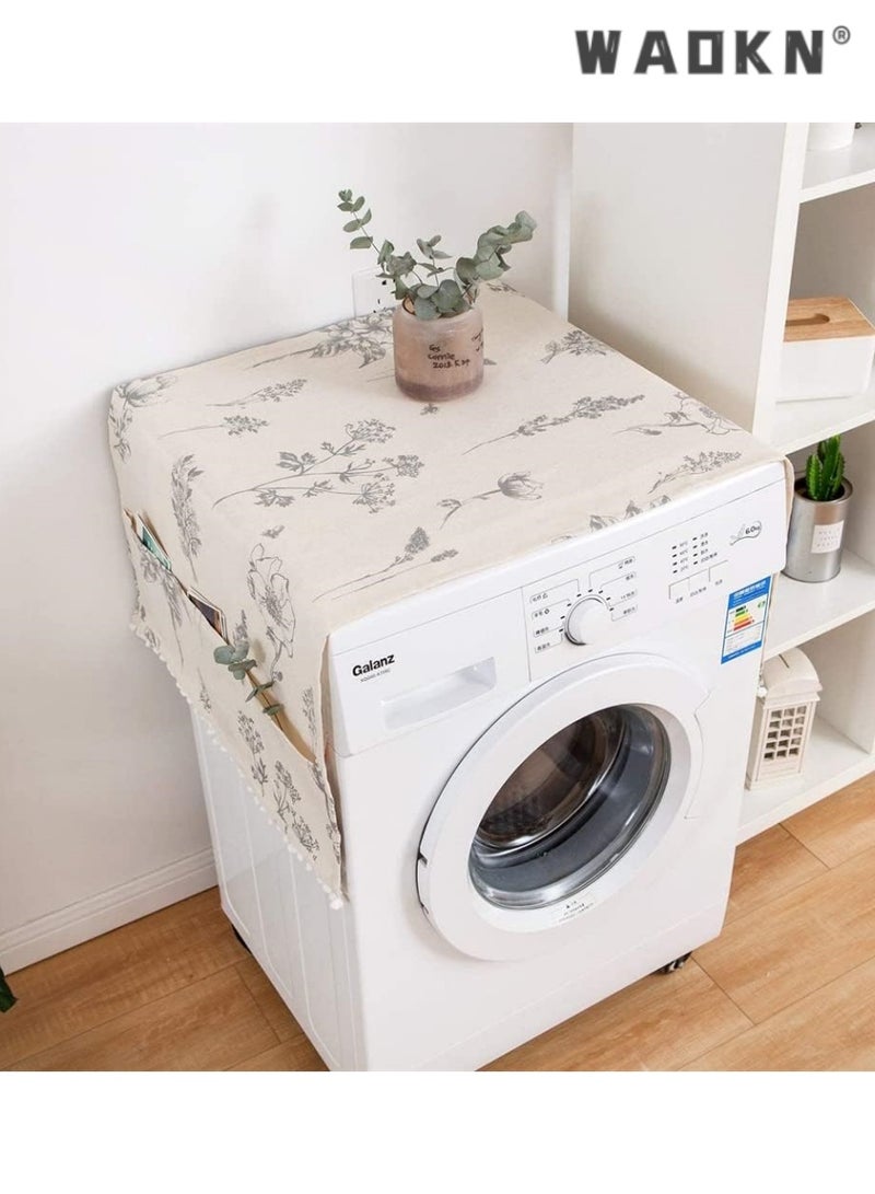 WAOKN Universal Washer Dryer Top Covers, Cotton Anti-Slip Fridge Dust Proof Cover, Washing Machine Top Cover with 6 Storage Pockets Bags, Kitchen Bathroom Home Decor, 51 x 22 Inch (Sketch Flower and Bee) - Image 1