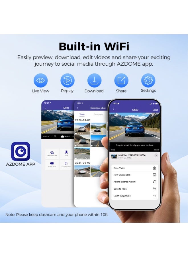 AZDOME M500 (Upgraded M550-max) Dash Cam Ultra HD 4K Front + 1K Rear & Interior, 2.99” Screen, WiFi Car DVR, Night Vision, 24H Parking Monitor - Image 5