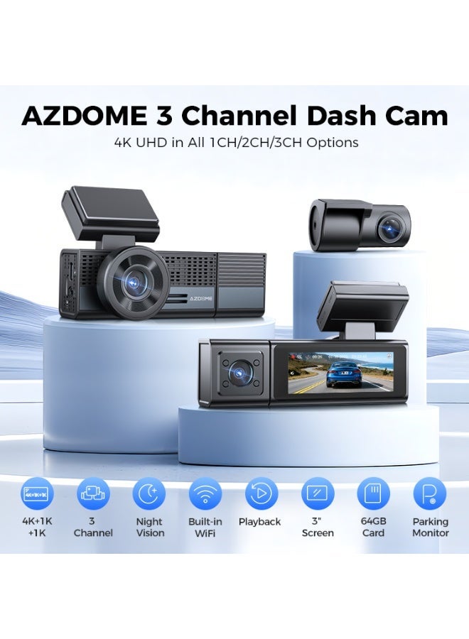 AZDOME M500 (Upgraded M550-max) Dash Cam Ultra HD 4K Front + 1K Rear & Interior, 2.99” Screen, WiFi Car DVR, Night Vision, 24H Parking Monitor - Image 3