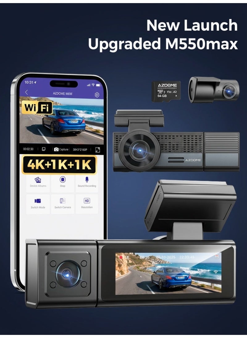 AZDOME M500 (Upgraded M550-max) Dash Cam Ultra HD 4K Front + 1K Rear & Interior, 2.99” Screen, WiFi Car DVR, Night Vision, 24H Parking Monitor - Image 1