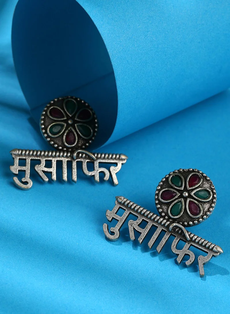 SOHI Red & Green Stone Studded Oxidised Musafir Artificial Stud Earring Jewellery