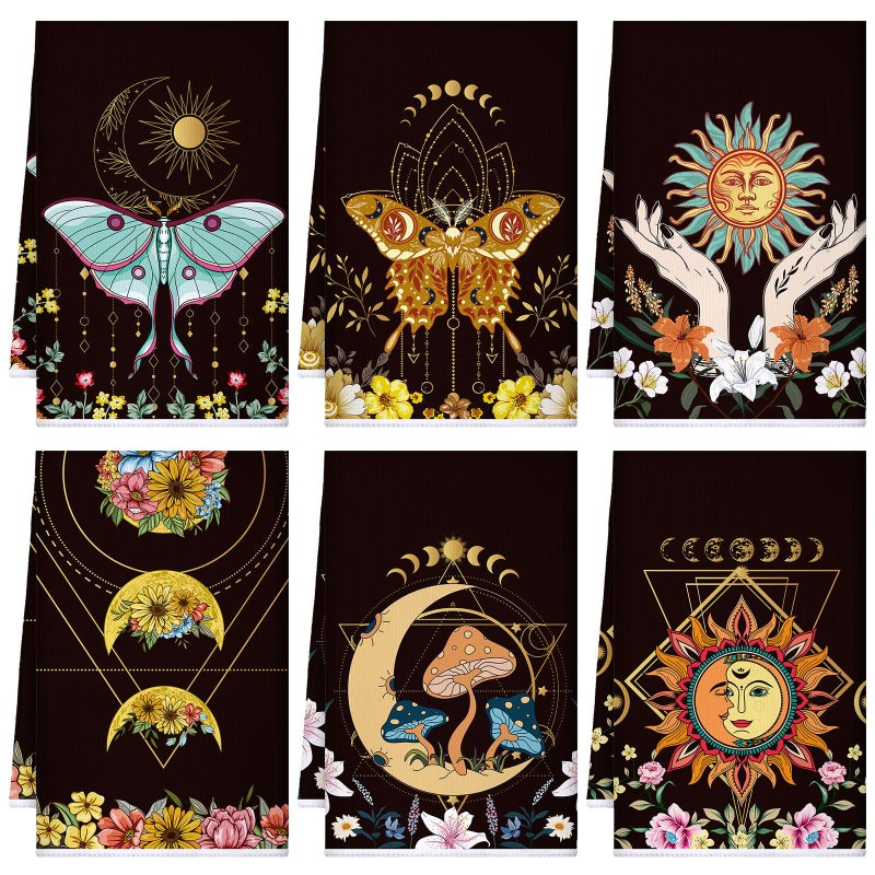 Boyiee Set of 6 Witchy Kitchen Towels Boho Tea Towels Absorbent Mushroom Floral Dish Towels 24 x 16'' Gothic Dish Towels Sun Moon Star Butterfly Hand Towels Gifts for Farmhouse Kitchen Bathroom - Image 1