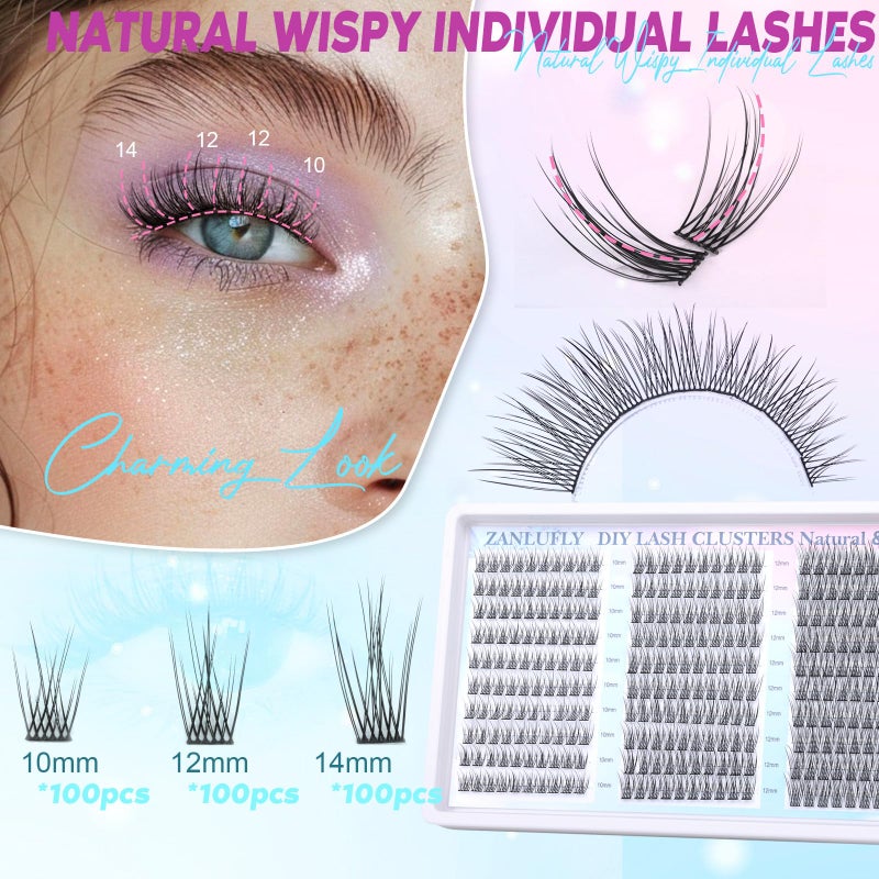 zanlufly Lash Clusters Wispy Eyelash Clusters C-Curly Individual Lashes zanlufly Natural 300Pcs Cluster Lashes Eyelash Extension 10 12 14MM DIY Lash Extension - Image 2