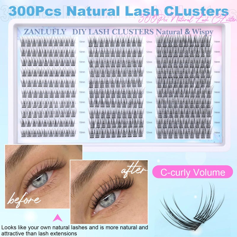 zanlufly Lash Clusters Wispy Eyelash Clusters C-Curly Individual Lashes zanlufly Natural 300Pcs Cluster Lashes Eyelash Extension 10 12 14MM DIY Lash Extension - Image 5