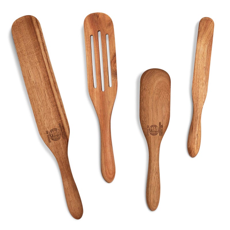As Seen on TV Mad Hungry Spurtle 4pc Set Acacia Premium Wood Finish Cooking Utensils For Non Stick Cookware Baking Whisking Smashing Scooping Spreading Serving and More