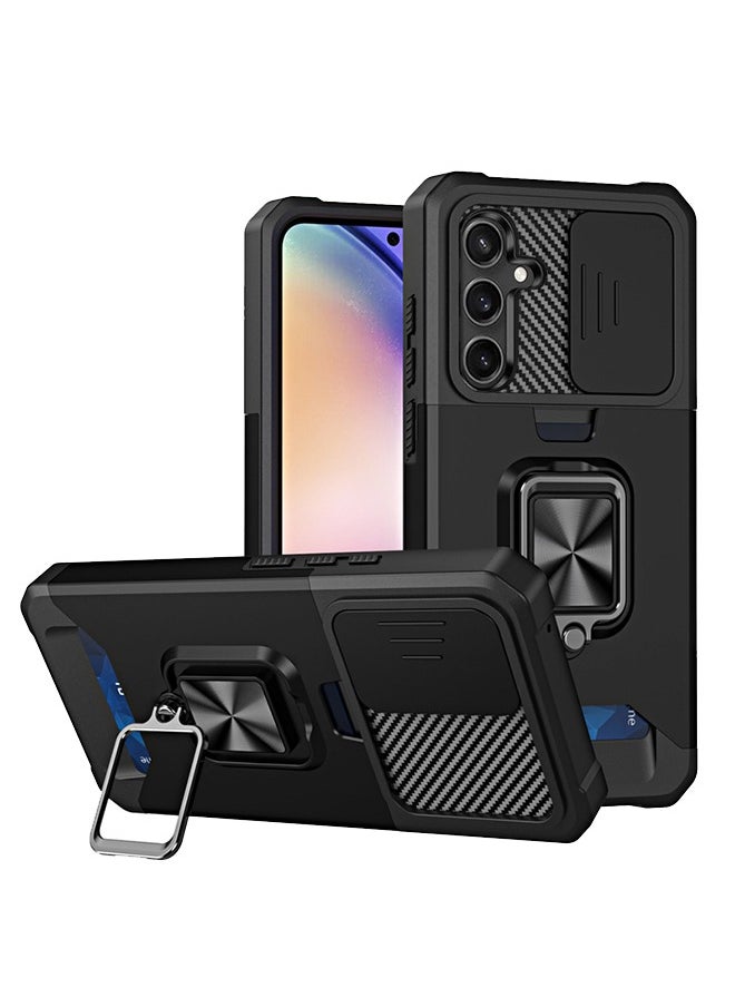 SNBFA Samsung Galaxy S23 FE 5G Case with Sliding Camera Cover, Card Holder Slot and Magnetic Kickstand Ring Heavy Duty Military Grade Phone Case Shockproof Protective Cover for Samsung S23 FE (Black)  - Image 1
