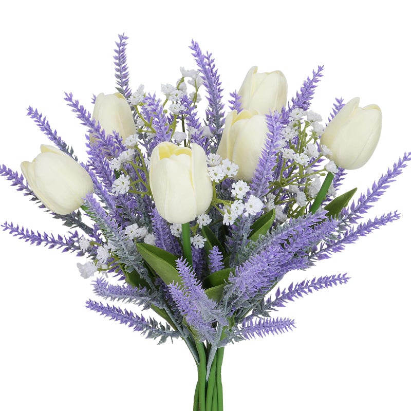 HO2NLE 9PCS Artificial Flowers Purple Fake Plastic Lavender with White Tulips Floral Arrangements Spring Flowers for Decoration Home Kitchen Table Centerpiece Wedding - Image 1
