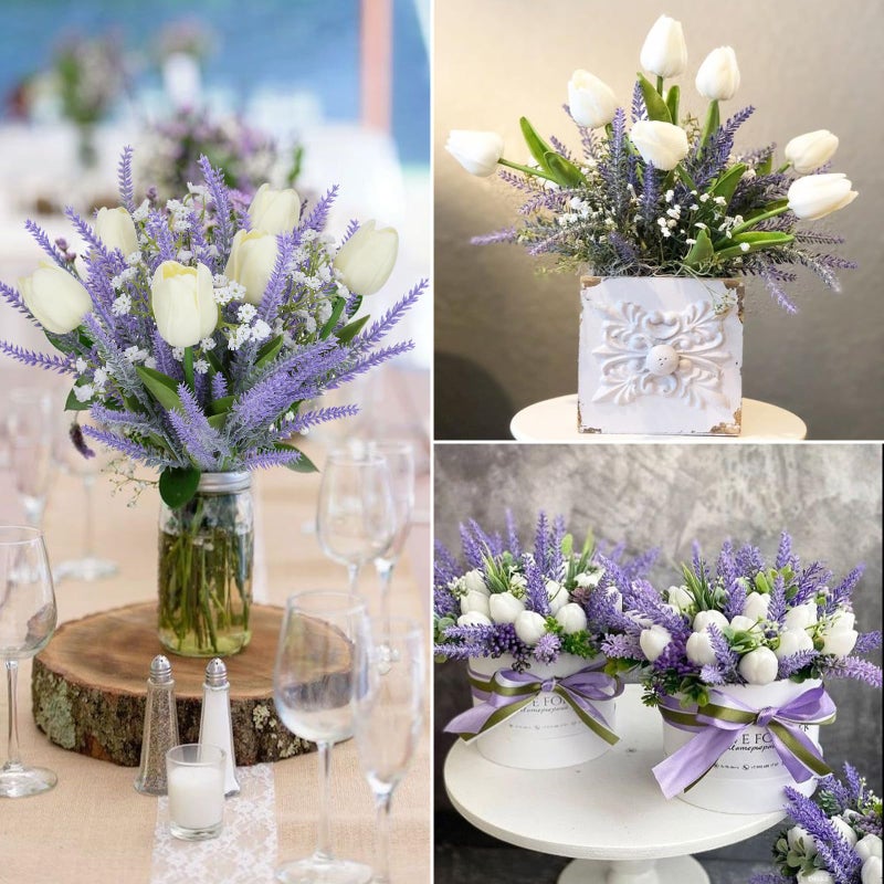 HO2NLE 9PCS Artificial Flowers Purple Fake Plastic Lavender with White Tulips Floral Arrangements Spring Flowers for Decoration Home Kitchen Table Centerpiece Wedding - Image 4