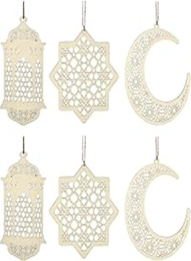 2 Sets 6 Pieces Wooden Pendant Kareem Moon Star Wind Light Shape Ornament for Ramadan Mubarak Eid Decorations