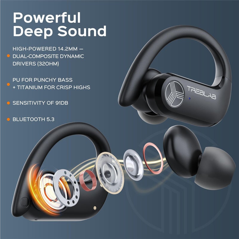 TREBLAB X3 Pro - Workout True Wireless Earbuds, Comfortable Earhooks, Bluetooth 5.3, Punchy Bass, Noise Isolation, 145H Playtime, IPX5 Waterproof, Sweatproof, 2 Mics for Calls, Sport Bluetooth Earbuds - Image 3