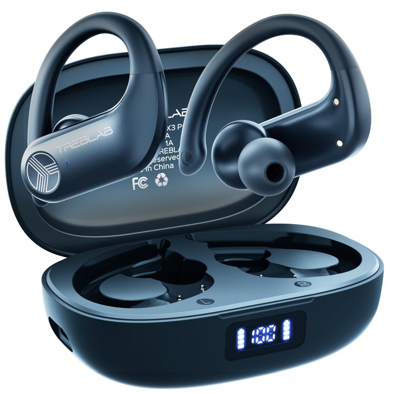 TREBLAB X3 Pro - Workout True Wireless Earbuds, Comfortable Earhooks, Bluetooth 5.3, Punchy Bass, Noise Isolation, 145H Playtime, IPX5 Waterproof, Sweatproof, 2 Mics for Calls, Sport Bluetooth Earbuds - Image 1